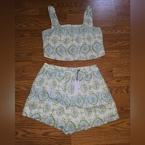 Green and Blue Patterned Top and Skirt Set